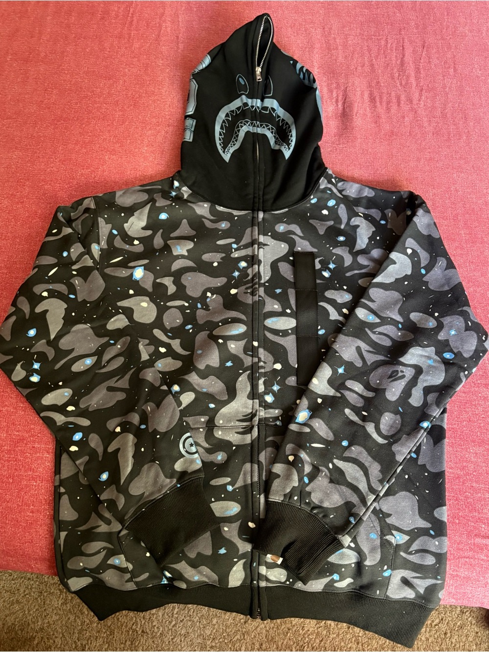 Bape Kids Black Camo Zip Hoodie with Light Blue Speckle
